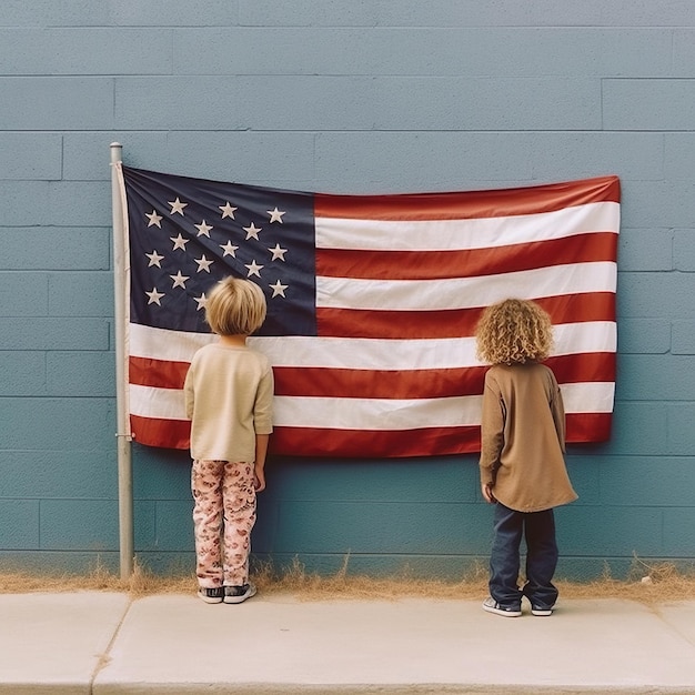 a boy and a girl looking at the flag