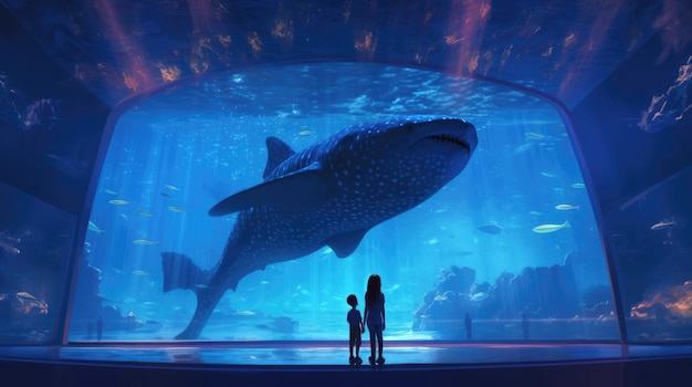 Boy and girl near the aquarium with a huge whale shark