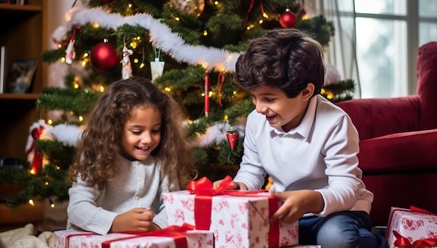 Boy and girl opening christmas presents in the living room at home