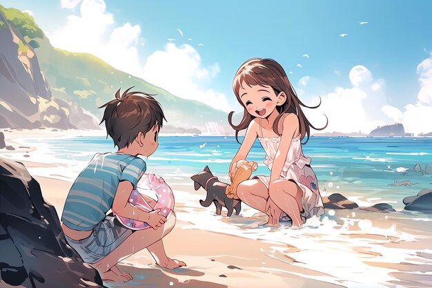 boy and a girl playing at the beach anime style