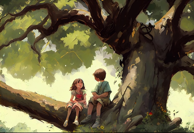 Boy and girl playing under big tree Generate Ai