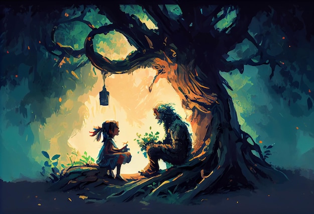 Мальчик и девочка играют под большим деревом Generate Ai