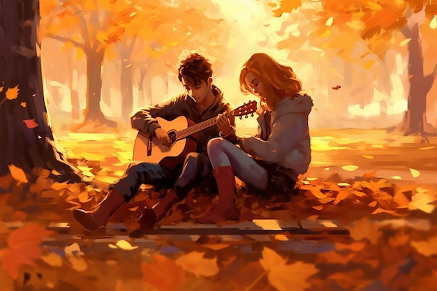 A boy and girl playing guitar in the autumn leaves