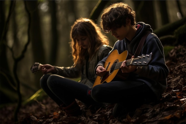 A boy and girl playing guitar in the woods