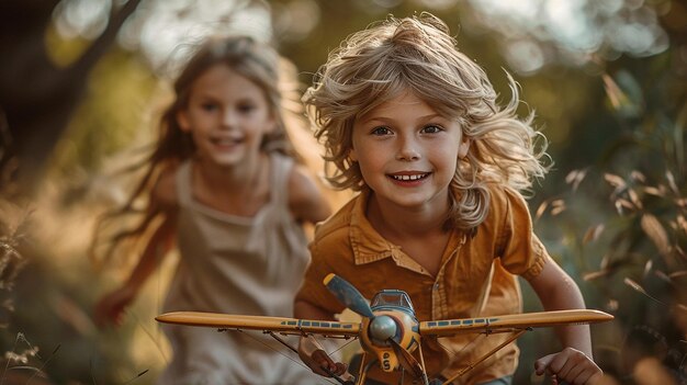 a boy and girl playing with a toy airplane