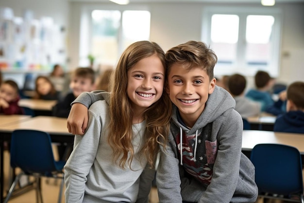 a boy and girl pose for a photo in a classroom.
