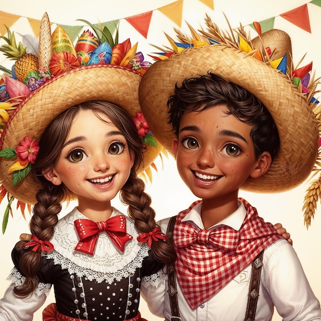 a boy and girl pose for a picture with a girl wearing a straw hat