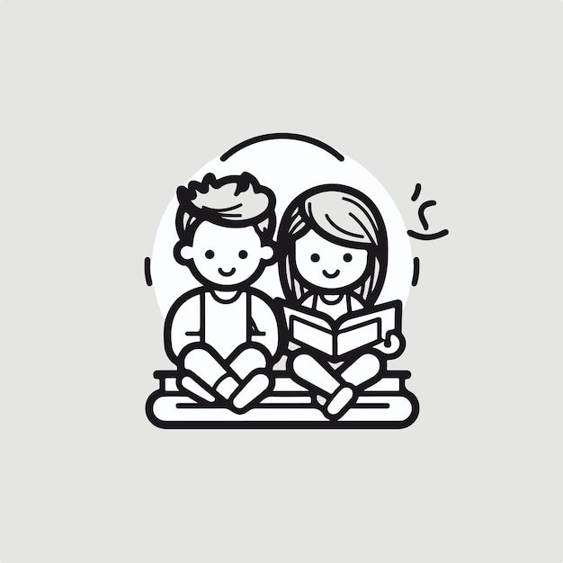 boy and girl reading a book line art