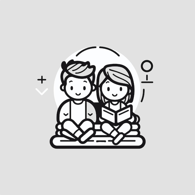 boy and girl reading a book line art