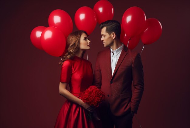 boy and girl in red suits holding balloons