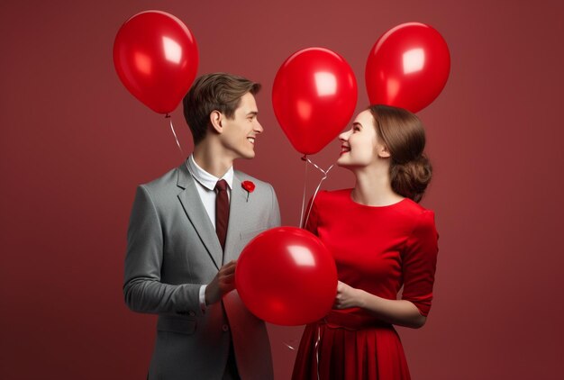 Boy and girl in red suits holding balloons