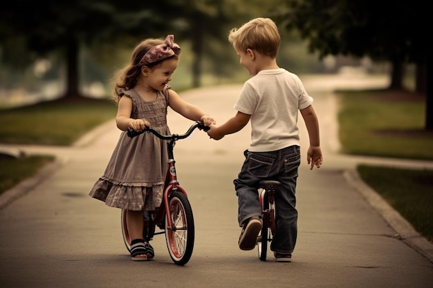 a boy and girl ride a bike with a girl on the back.