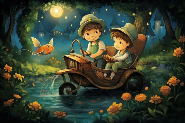 Photo a boy and a girl ride a tricycle in the forest.