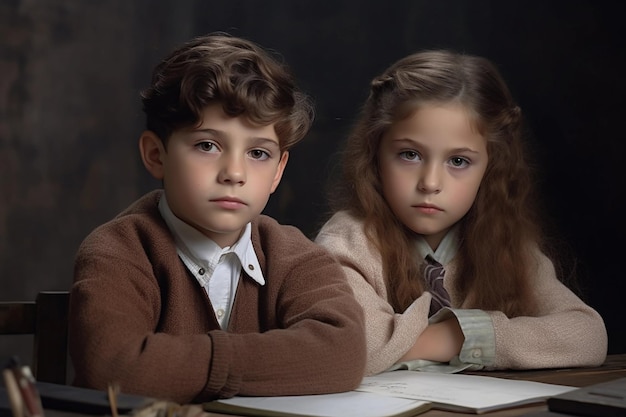 A boy and girl sit at a desk with a book on the table