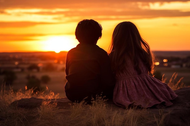 a boy and girl sit in a field and look at the sunset.