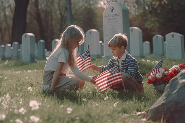 A boy and girl sit in the grass with american flags in front of a grave