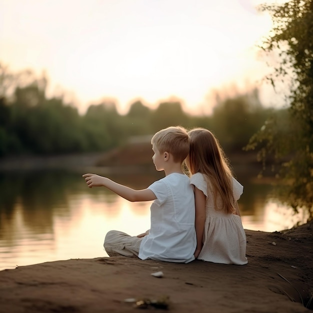 A boy and a girl sit on the river