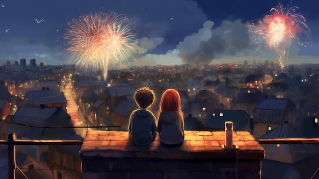 A boy and girl sit on a rooftop watching fireworks.