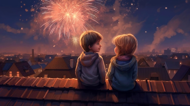 A boy and girl sit on a rooftop watching fireworks