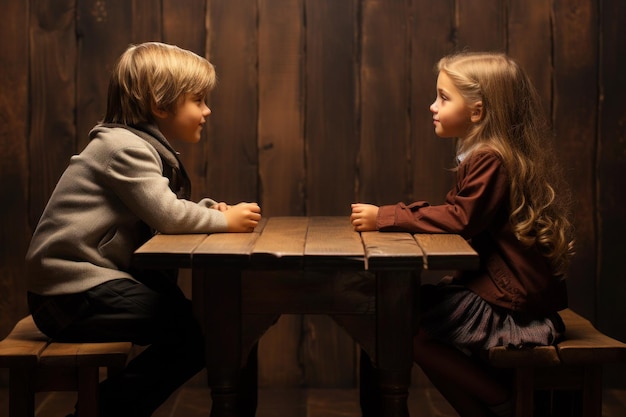 Photo a boy and a girl sit at the table opposite each other and look into their eyes