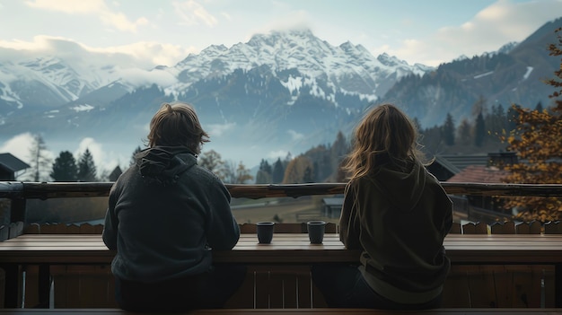 Boy and girl sitting on the balcony enjoying coffee looking at the mountain view AI generated Image