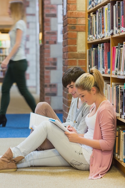 Ragazzo e ragazza che si siedono sul pavimento di studio della biblioteca