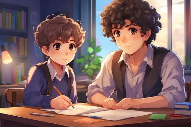 a boy and a girl sitting at a table writing in a book