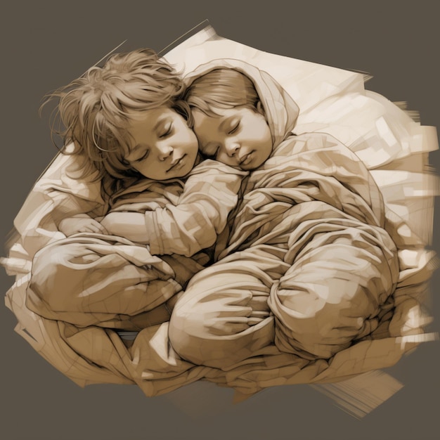침대에 자고 있는 소년과 소녀 사랑스러운 디지털 그림 만적 인 저녁 발렌타인 데이