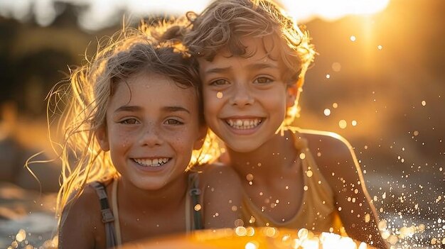 a boy and girl smile in the sun