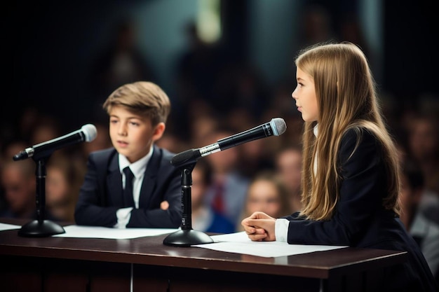 A boy and girl speak at a microphone.