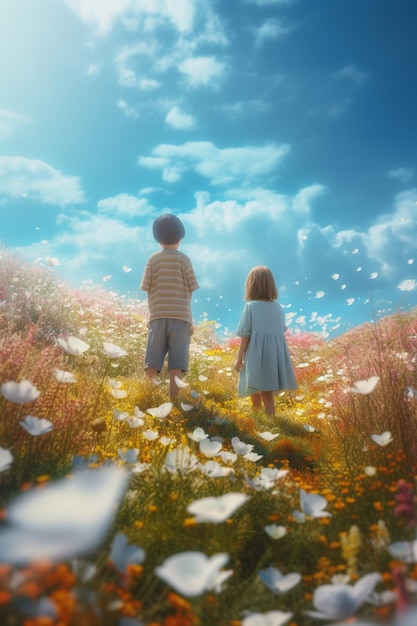 A boy and girl stand in a field of flowers.