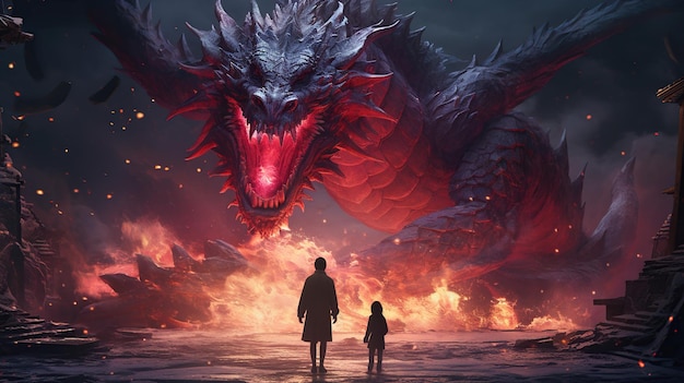 the boy and girl stand in front of a fire dragon Digital concept illustration painting