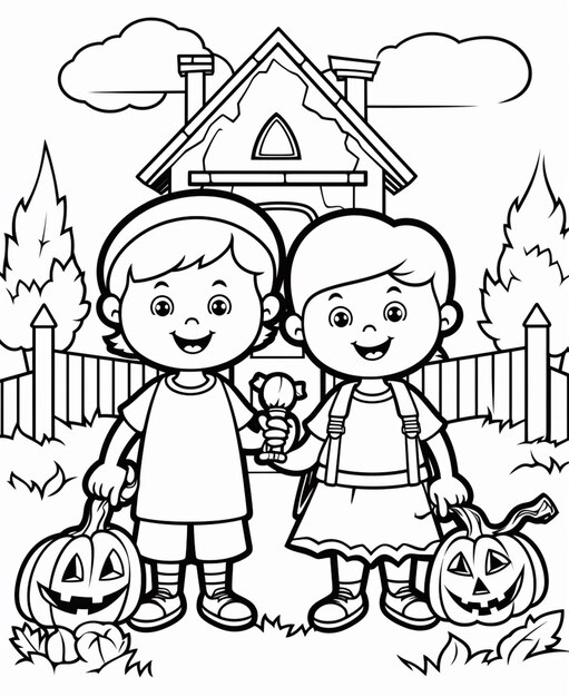 Photo a boy and girl standing in front of a house with pumpkins generative ai