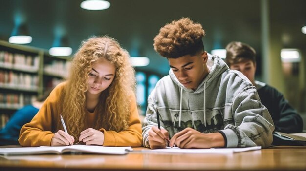 A boy and girl study together in a classroom.