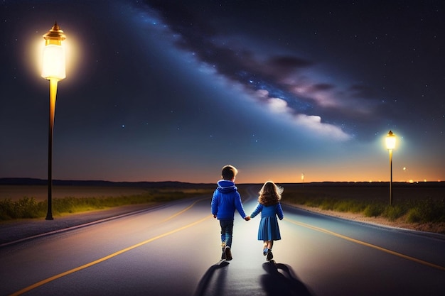 A boy and girl walk down a road holding hands.