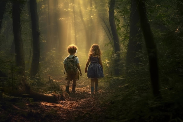 A boy and girl walk through a forest with the sun shining through the trees.