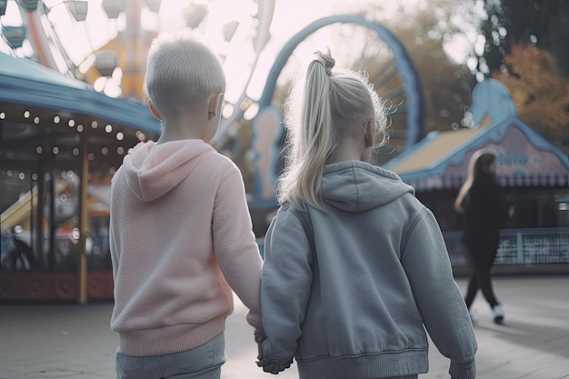 遊園地を歩く男の子と女の子