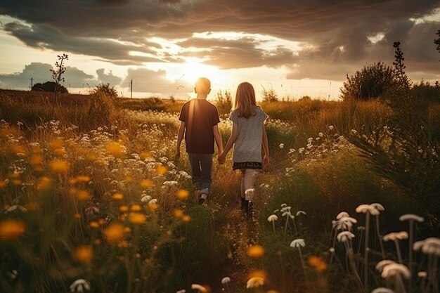 Boy and girl walking at blooming field in sunset Romantic feelings and emotions Generative AI