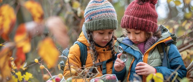 Photo boy and girl in warm hats with backpacks inspecting tree bark with magnifying glass on sunny day during outdoor ecology school excursion