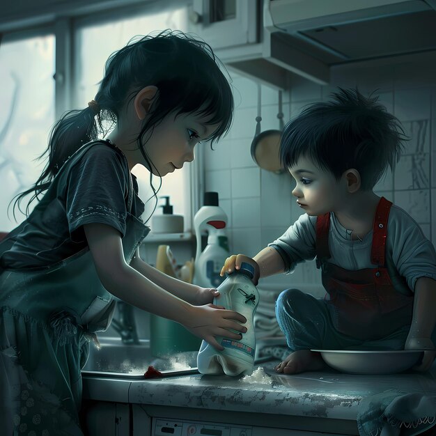 a boy and a girl washing dishes in a kitchen