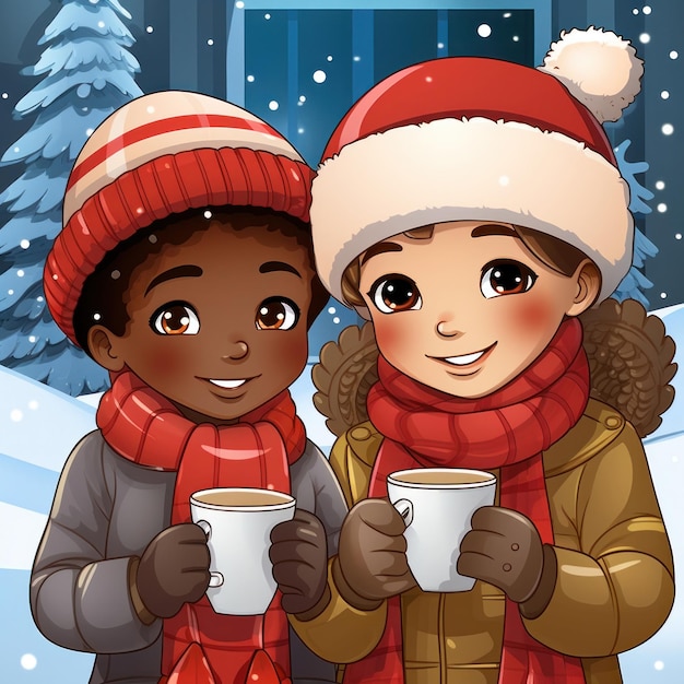 Boy and girl in winter clothes drinking hot chocolate with winter scenery in the background Cartoon