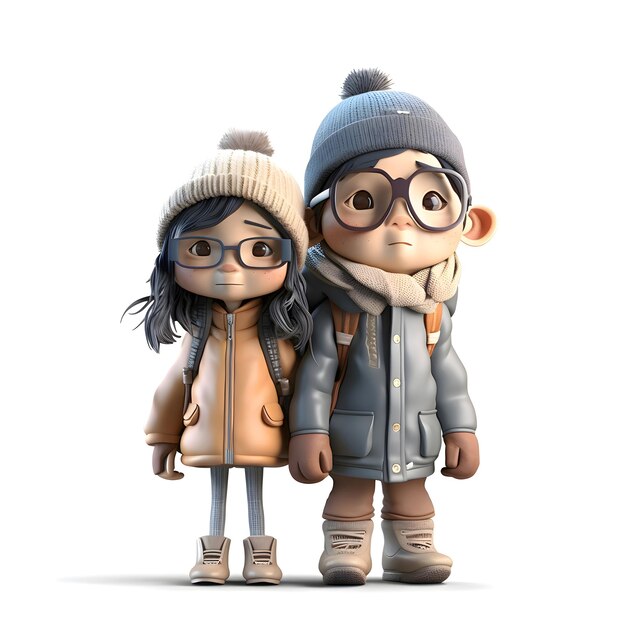 Boy and girl in winter clothes Isolated on white background