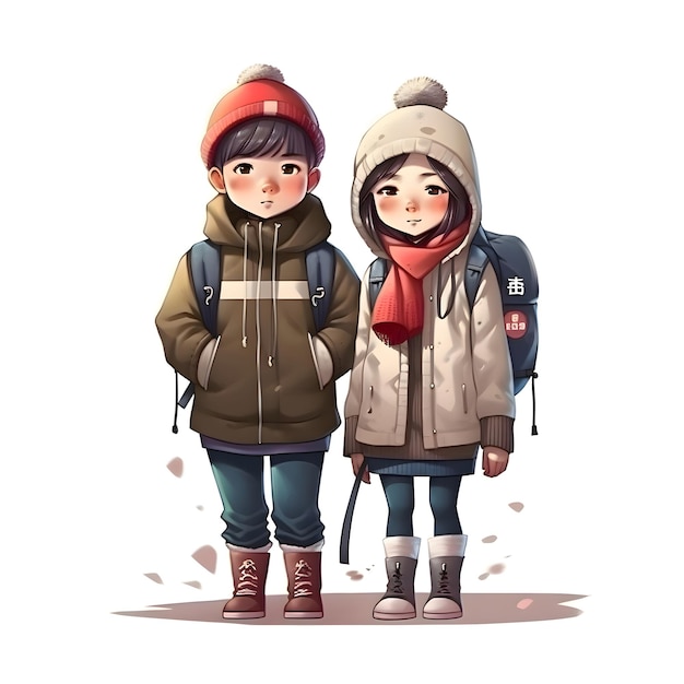 A boy and a girl in winter clothes on a white background