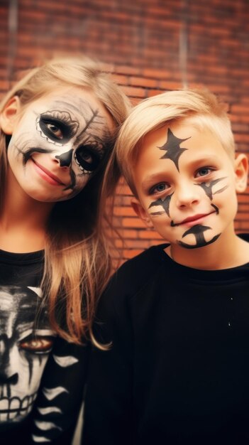 a boy and girl with painted faces and painted faces.