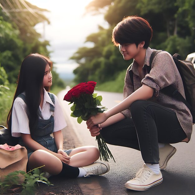 Photo a boy and girl with roses on the road