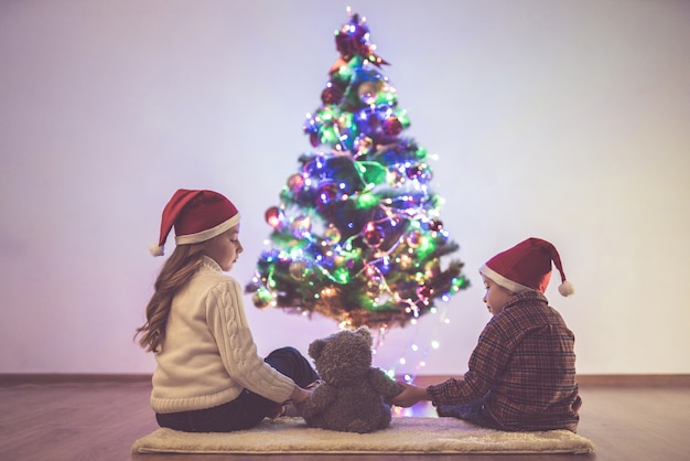男の子とテディベアの女の子がクリスマスツリーの近くに座っています