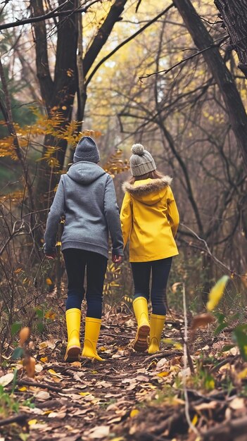 Photo a boy and a girl in yellow rain boots are walking