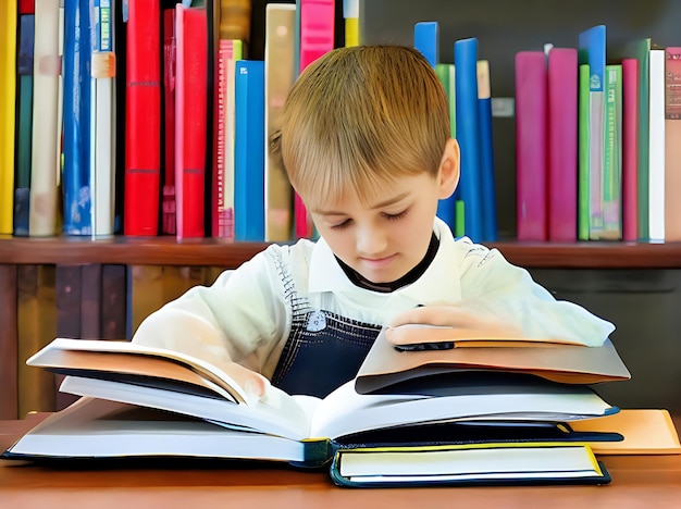 A boy or girls learner with a deep feel reading books ready to discover the secrets of knowledge