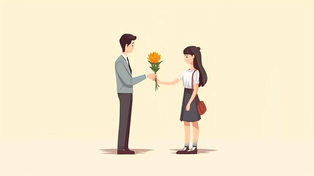 A boy gives a bouquet of flowers to a girl.