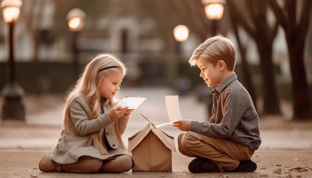 Boy gives Valentine's drawing to girlfriend in park with hearts